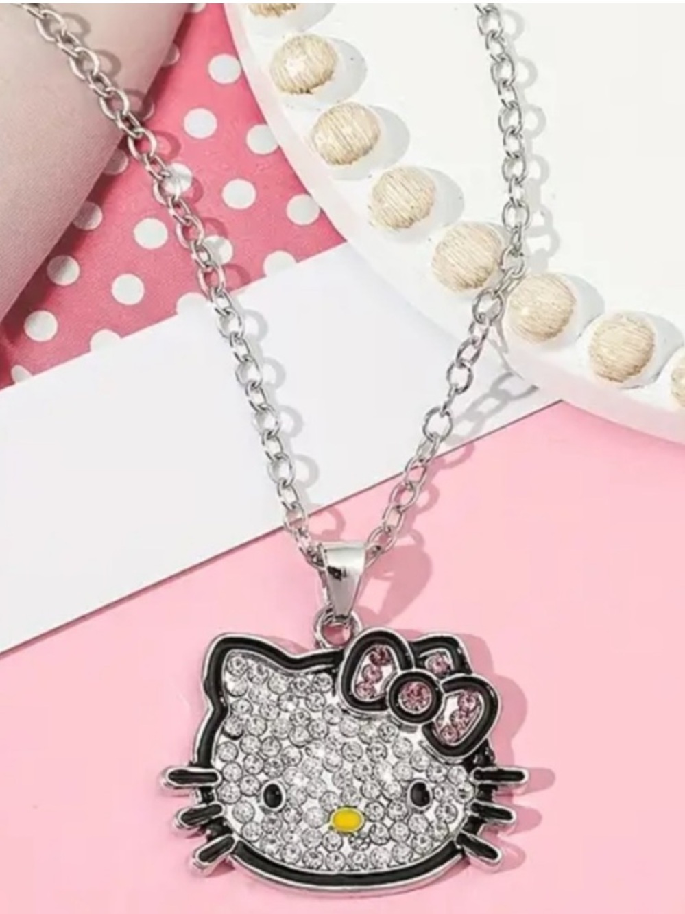 Hello Kitty Crystal Pendant Necklace in Pink and Silver
